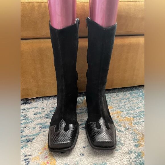 Westies Vegas Black Suede Boots w/Snake Print Square Toes 8 - Picture 2 of 9